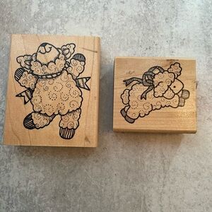 Stamps Lamb Sheep Easter Wood Mounted Ink Rubber Vintage Lot Of 2 Used & Unused